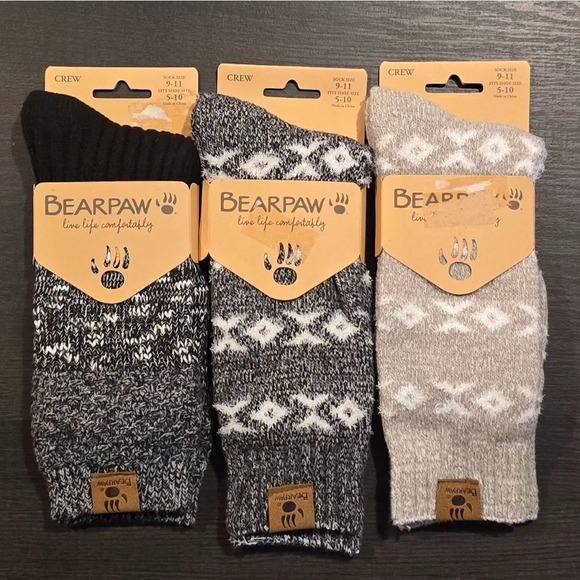 3 Pairs of BearPaw Crew Socks Super Soft Fits Shoe Size 5-10 Black White and Tan - Picture 1 of 3